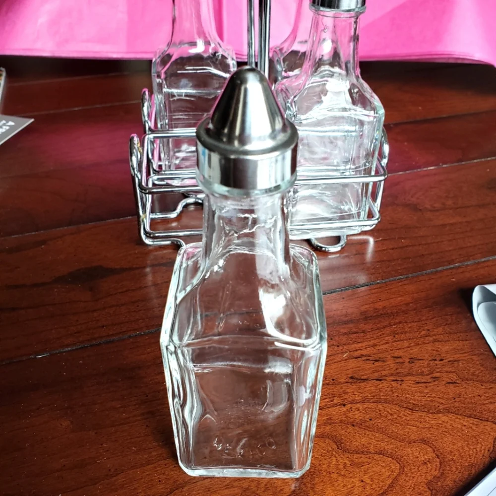 2 Sets, Oil & Vinegar Bottles w/ Metal Caddy & Oil & Vinegar Glass Shakers - Picture 5 of 11